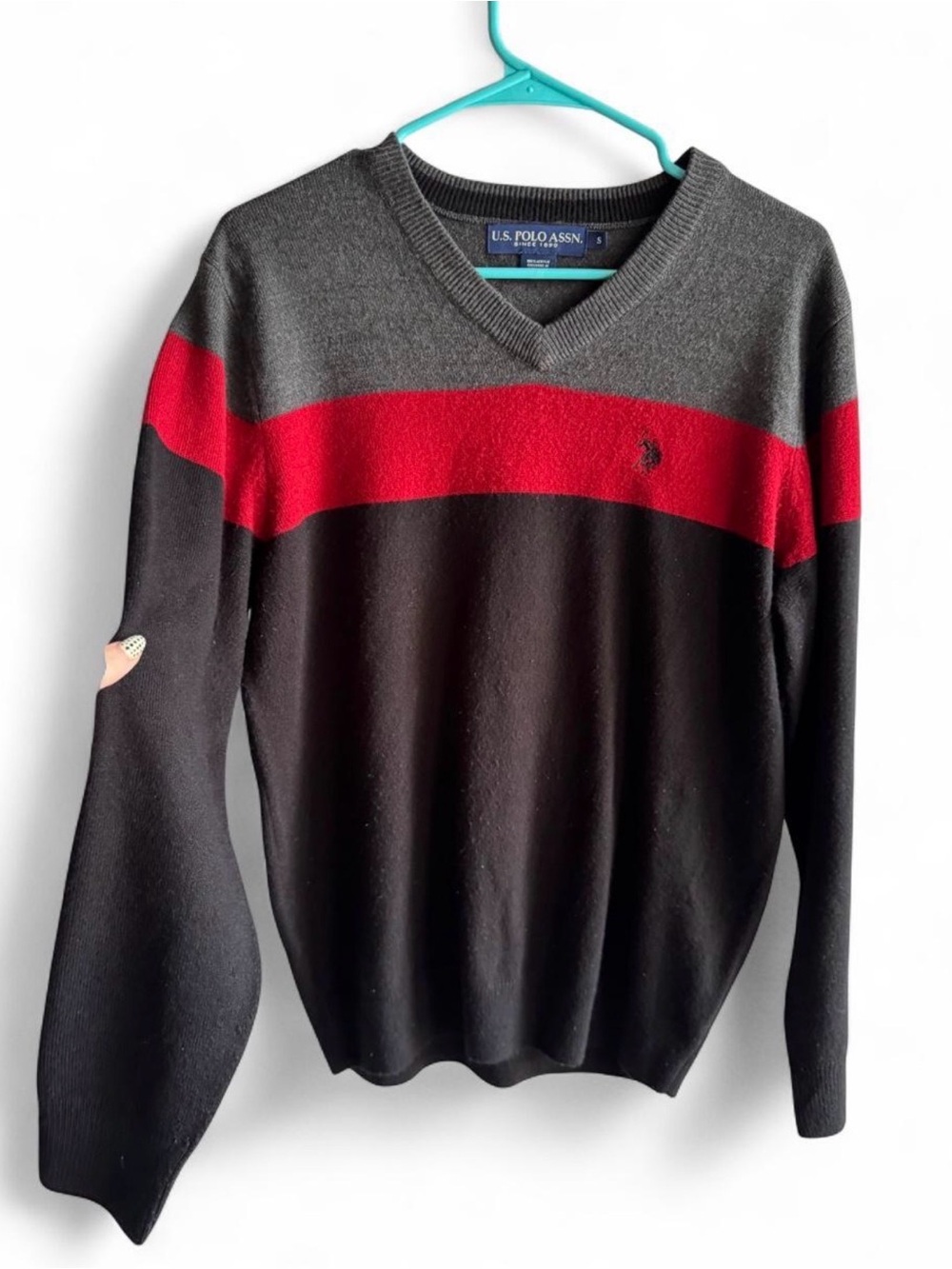 U.S. Polo Assn. Men’s V-Neck Striped Sweater - Black/Gray/Red in